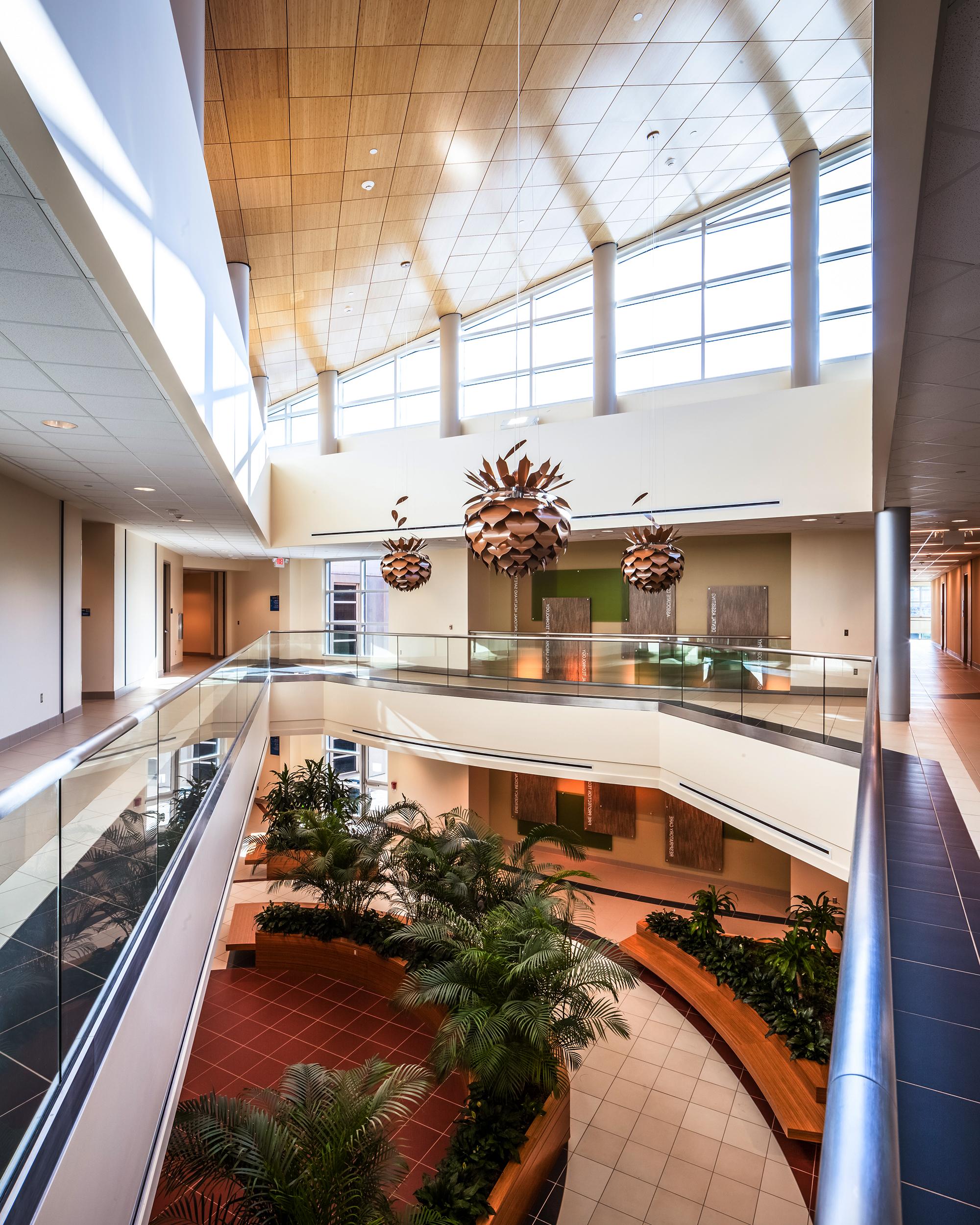 View of both floors inside San Jacinto College Central Building filled with natural light